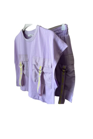 NEON YAZI DETAYLI LİLA ŞORT TAKIM