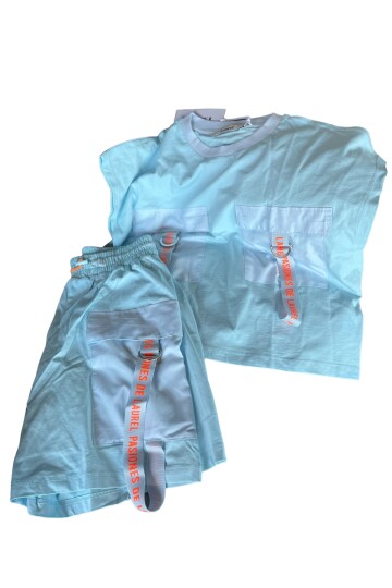 NEON YAZI DETAYLI MAVİ ŞORT TAKIM